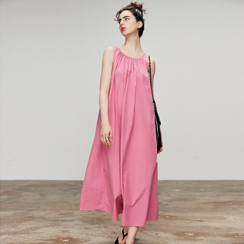 Spring and Summer High-count, High-density Imported Combed Cotton Pleated Shoulder-shredding Sleeveless Dress