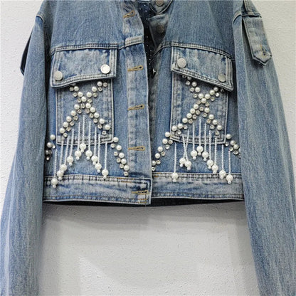 Nail pearl studded diamond fringed denim jacket for women