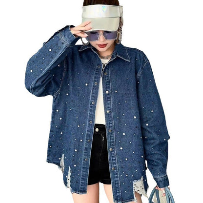 Heavy industry hot diamond denim jacket, women's washed retro loose top