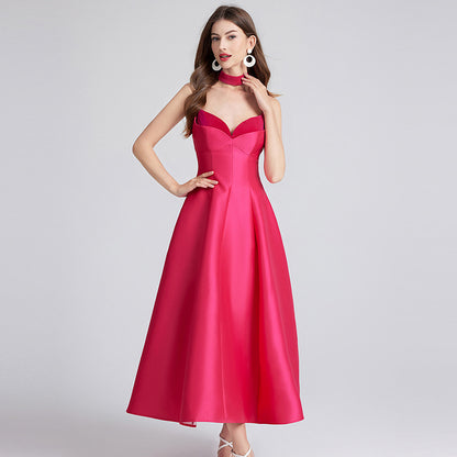 French retro socialite temperament Hepburn style sexy backless standing cut patchwork waist cinched V-neck suspender dress dress