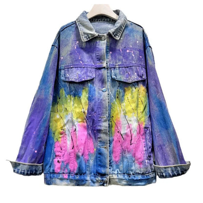 Hand drawn graffiti denim jacket women's colorful diamond studded pearl jacket