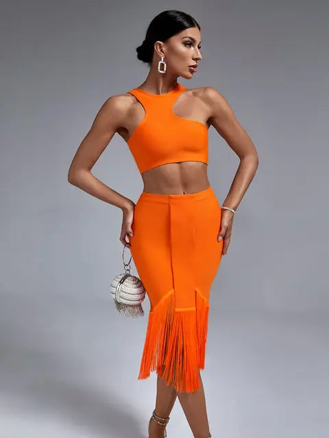 Bandage Two Piece Set Top and Skirt Women Elegant Sexy Fringed Orange 2 Piece Set Birthday Evening Party Club Outfits Summer