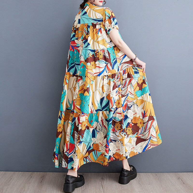 Oversized Floral Printed A-Line Rufles Dress Summer Woman Loose Casual Holiday Big Size Beach Cotton Korea Ladies Dresses