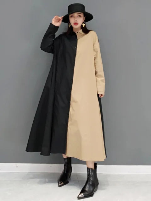 Contrast Color Shirt Dress For Women Fashion Patchwork Lapel Full Sleeve Loose A-line Vestido Autumn New