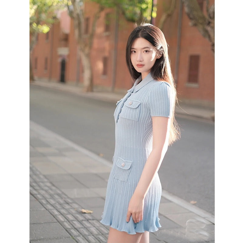 Early spring haze blue fragrance temperament wind thread knitted diamond button lapel short sleeved dress