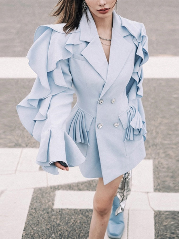 Autumn New Style Ruffle Wave Sleeve Suit jackets Women's Double Breasted Design Solid Color Blazer Fashion