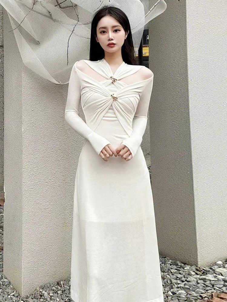 Knitting White Dresses For Women V Neck Long Sleeve High Waist Hollow Out Slim Dress Female Summer