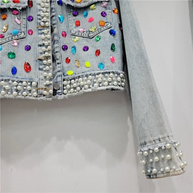 Spring Autumn Women Rainbow Diamonds Pearls Beaded Denim Jacket Rhinestones Rivets Short Jeans Cowboy Cardigan Sequined Outwear