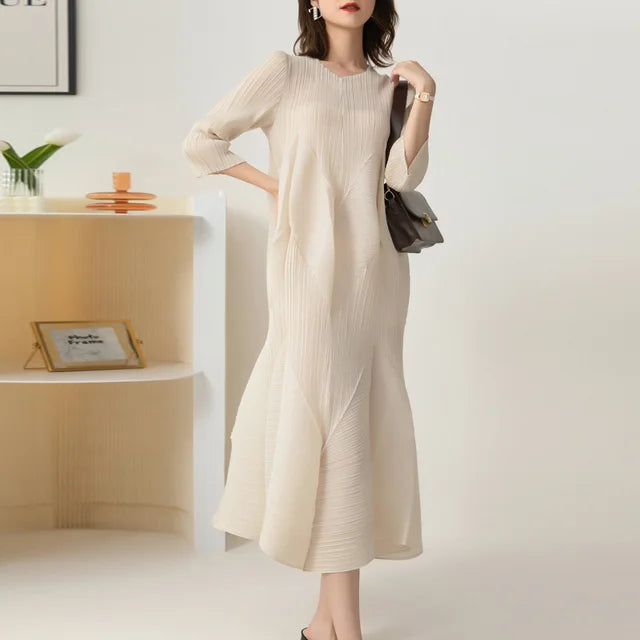 Elegant Pleated Dress For Women Round Neck Long Sleeves High Waist A-line Dresses Fashion Clothing