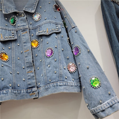 Colorful diamond denim jacket women's loose jacket cardigan short top