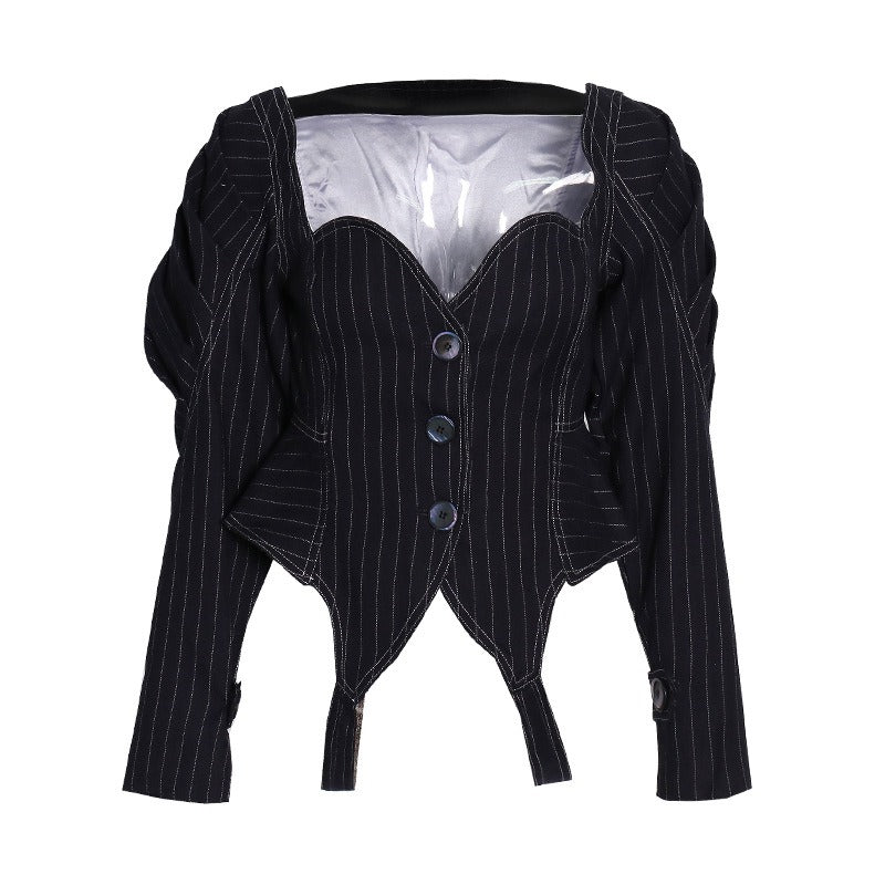 European and American style French retro jacket striped waist slimming versatile short jacket