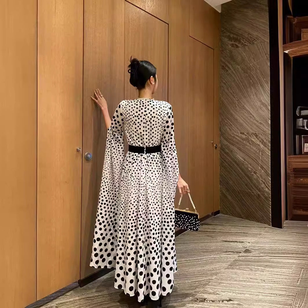 V-neck polka dot printed slit long sleeved dress long skirt women's dress