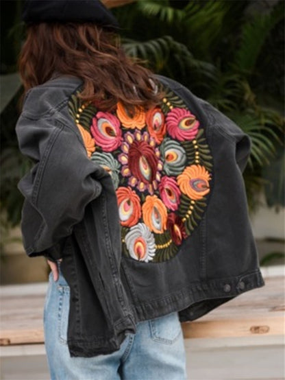 vintage floral embroidery denim jacket women cowboy long sleeve turn down collar casual denim coat streetwear outwear P904