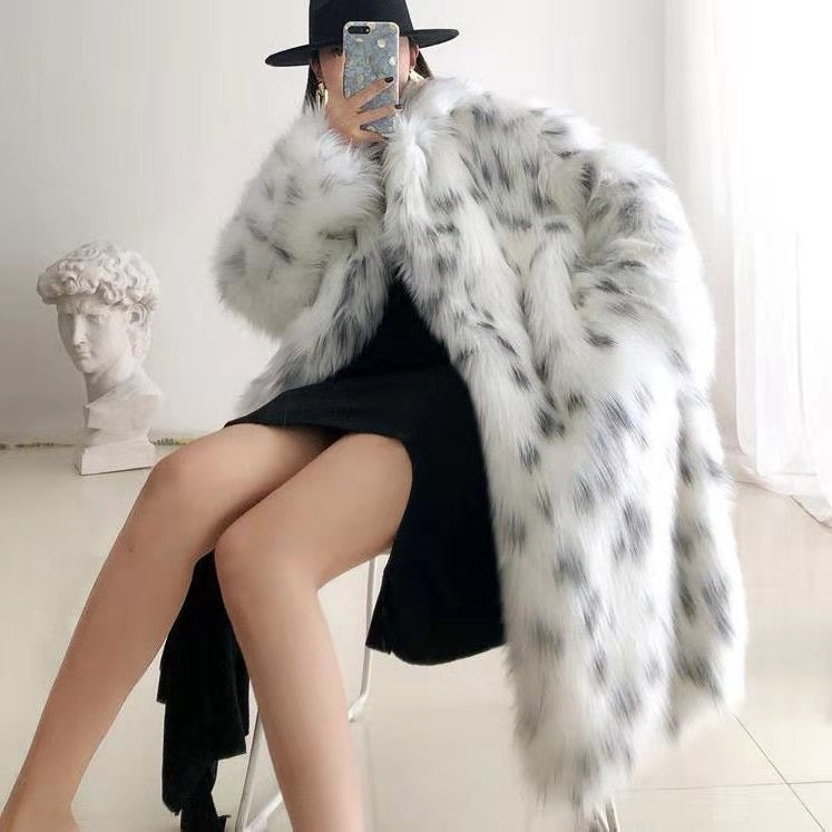 Fashion Fluffy Warm Faux Fur Jacket Women Lapel Long Elegant White Leopard Faux Mink Fur Coat Jackets