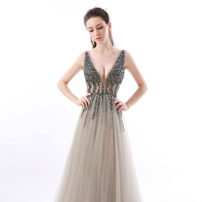 Sexy Side Split Prom Dresses  Deep V-Neck Backless Beads Crystal Party Gowns Sleeveless Sweep Train Cheap Tulle Party Dress