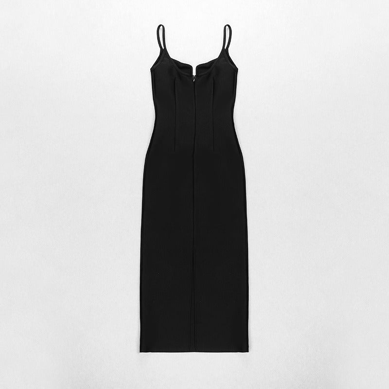 Long black backless sleeveless dress with sling bandage for women