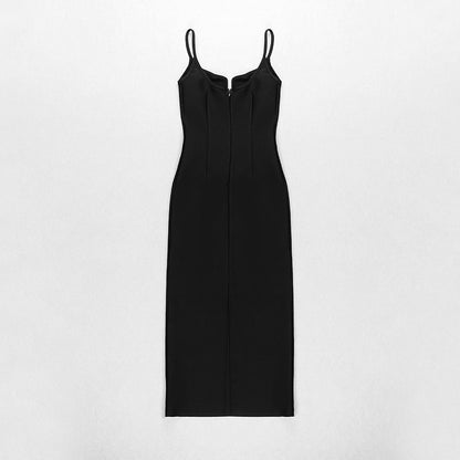 Long black backless sleeveless dress with sling bandage for women