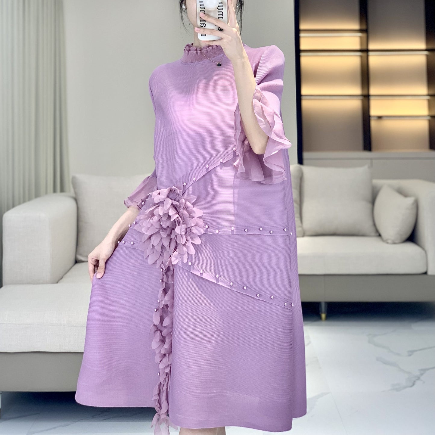 High end Heavy Industry Wrinkle Dress New Small Mom Spring/Summer Style Skirt Fat MM Large Female