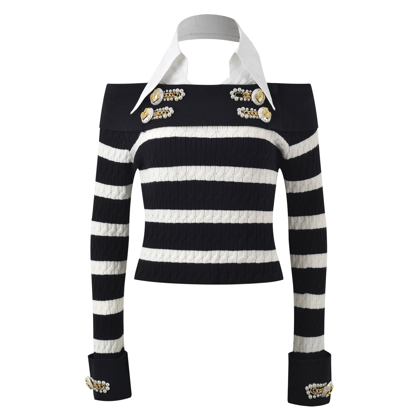 Rock Navy style shirt collar design nail bead buckle black and white striped off shoulder knit sweater