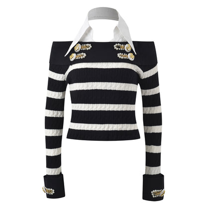 Rock Navy style shirt collar design nail bead buckle black and white striped off shoulder knit sweater