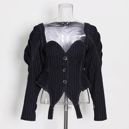 European and American style French retro jacket striped waist slimming versatile short jacket