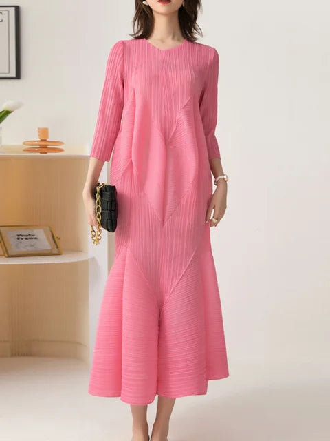 Elegant Pleated Dress For Women Round Neck Long Sleeves High Waist A-line Dresses Fashion Clothing