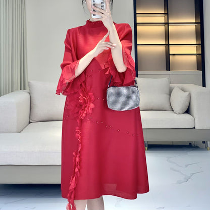 High end Heavy Industry Wrinkle Dress New Small Mom Spring/Summer Style Skirt Fat MM Large Female