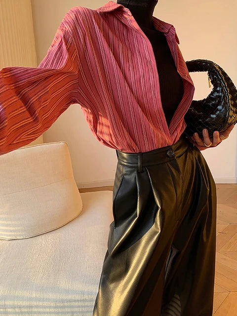 Spring Autumn Loose Casual Soft Black Burgundy Pu Leather Wide Leg Pants for Women High Waist Korean Style Fashion