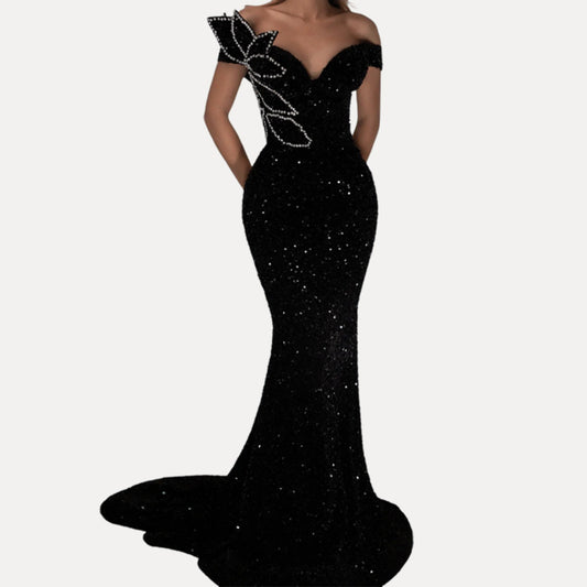 Flash Diamond Blade V-Neck Off Shoulder Black Sequin Dress