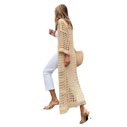 Apricot colored hollowed out elongated beach fairy versatile cardigan knitted sweater