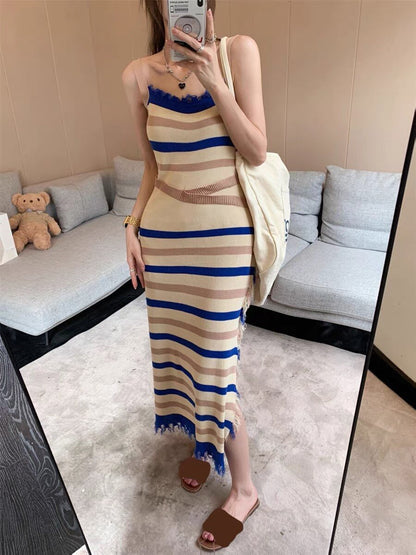 Designer Stylish Striped Tassel Spaghetti Strap Sexy Women Midi Dress Knitting Camisole Sweater Dresses