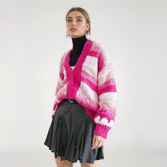 Knitted knit sweater paired with cardigan medium to long loose color blocked top for women in autumn and winter