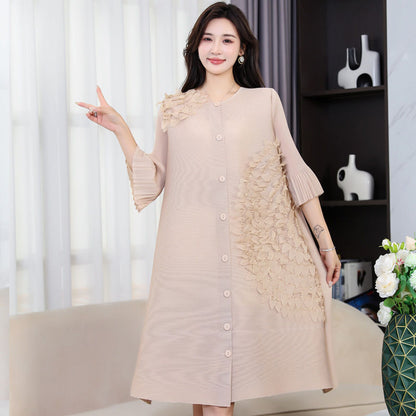 Wrinkle original design belly covering dress, new three-dimensional floating flower high-end Western style cardigan skirt