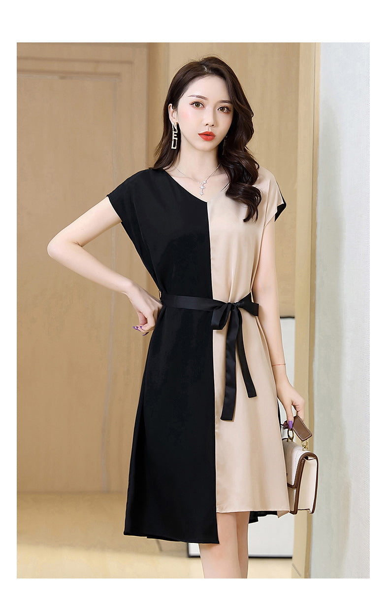 Contrast Color Dress For Women V-neck Short Sleeve Patchwork Casual Loose Vestido Robe Summer