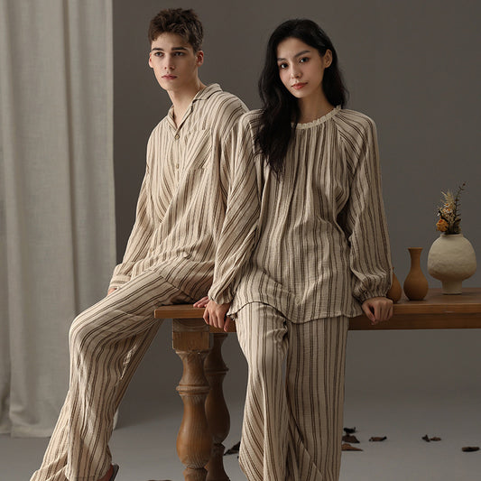 Couple's sleepwear autumn new item Wabi Sabi style cotton yarn can be worn outside loose men's and women's home clothes