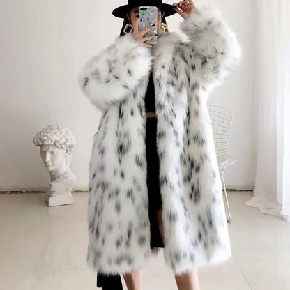 Fashion Fluffy Warm Faux Fur Jacket Women Lapel Long Elegant White Leopard Faux Mink Fur Coat Jackets