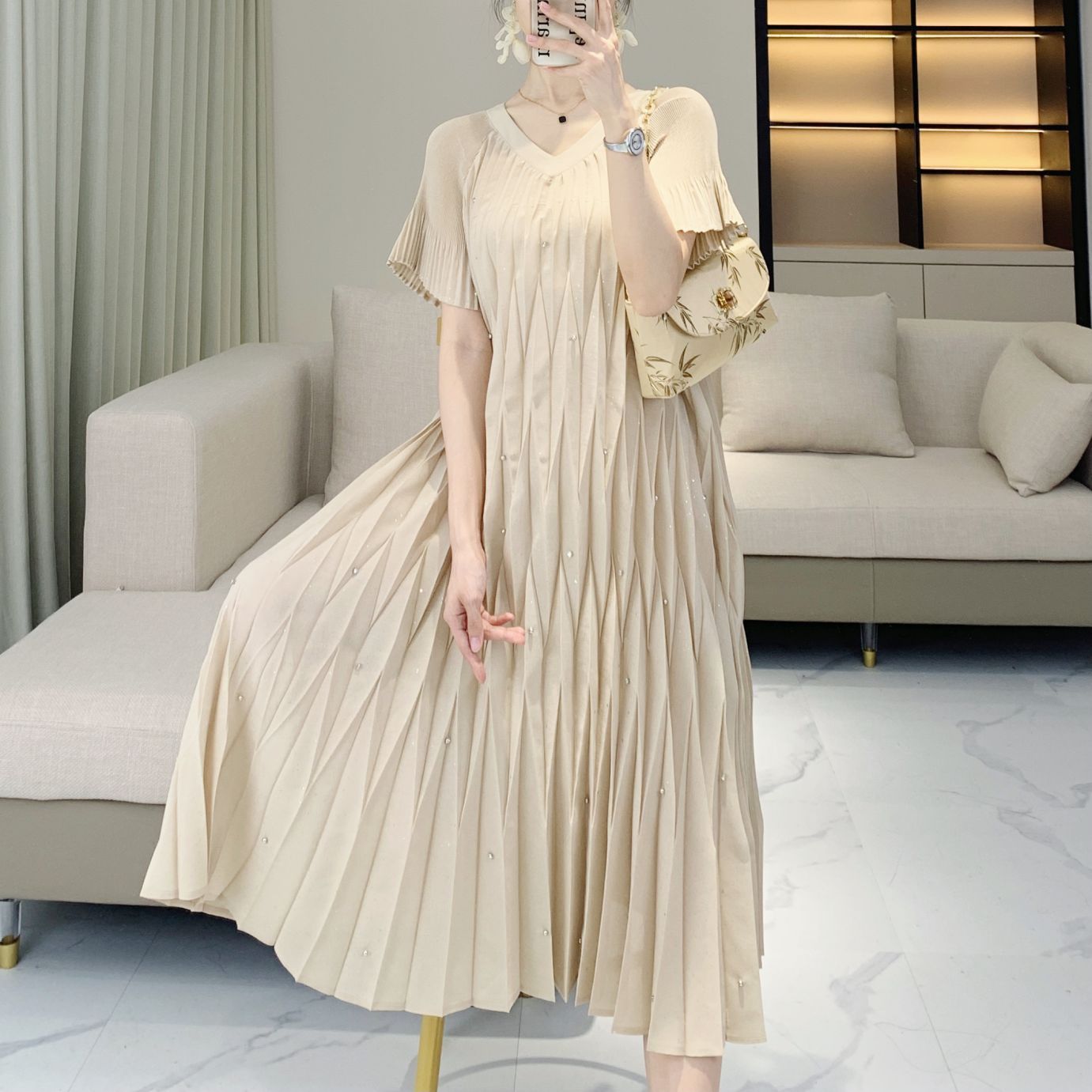 Summer new design sense, standing pleat nail bead high elasticity comfortable dress, women's age reducing casual dress