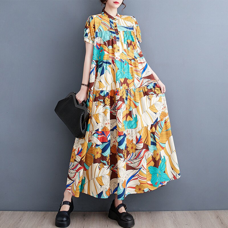 Oversized Floral Printed A-Line Rufles Dress Summer Woman Loose Casual Holiday Big Size Beach Cotton Korea Ladies Dresses