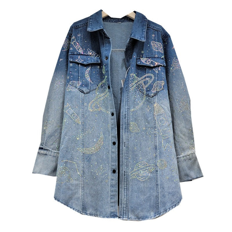 Hot Diamond Shirt Women's Starry Sky Sparkling Denim Jacket Cardigan Spring and Autumn Jacket Mid-Length Slim