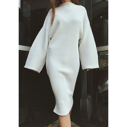 Europe and America Street Shooting Concave convex Stripe Knitted Dress Long Sleeve Loose Fashion Dress