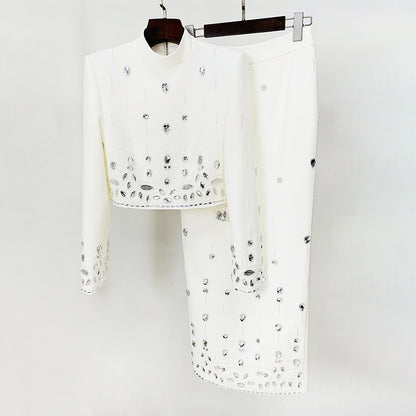 Handmade Beading Short Jacket Skirt Sets Outfits New Designer Long Dress Set White Black Yellow Slim Suits for Women Wedding