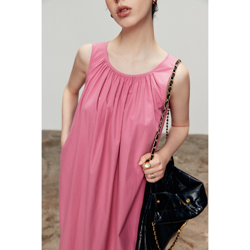 Spring and Summer High-count, High-density Imported Combed Cotton Pleated Shoulder-shredding Sleeveless Dress