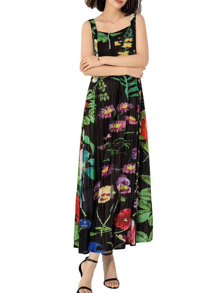 European and American print dress, new retro print design, fashionable loose large size temperament pleated suspender long skirt