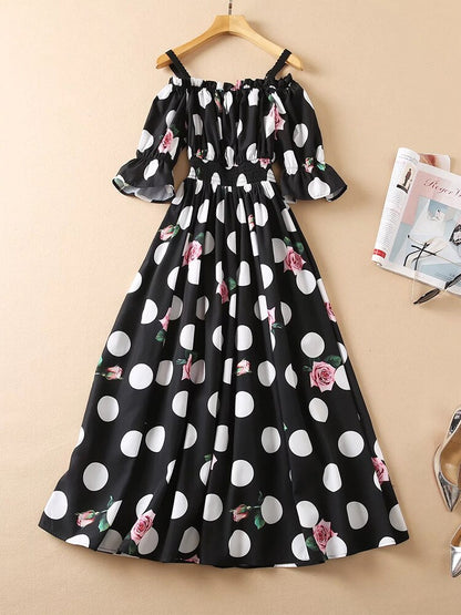 Tingfly New Spring Summer Fashion Polka Dot Print Slash Neck Party Dresses Elastic High Waist A Line Midi Long Elbise Frock