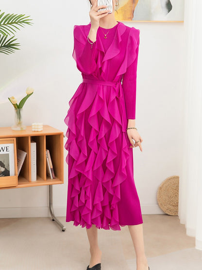 Pleated long dress ruffled round neck elegant waist lace-up large size pleated skirt