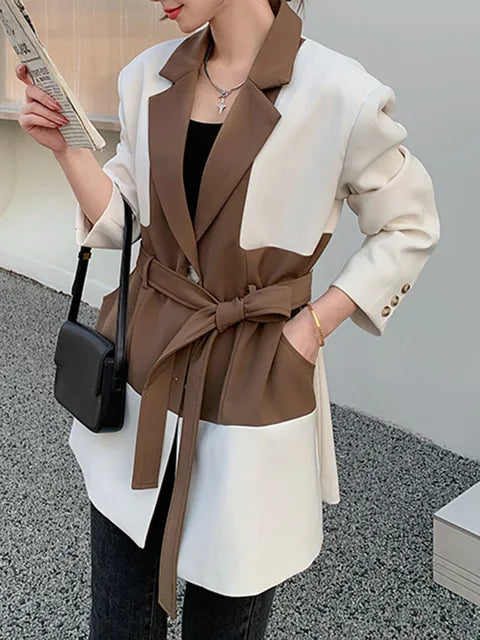 Color Block Laple Blazer Coat Women Full Sleeve Single Breasted Belt Casual New Versatile  Female Loose