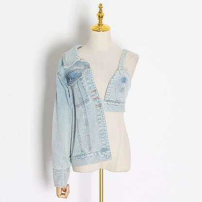 Spring New Fashion Women's Personalized Half Wrapped Chest Splicing Denim Coat Top Women