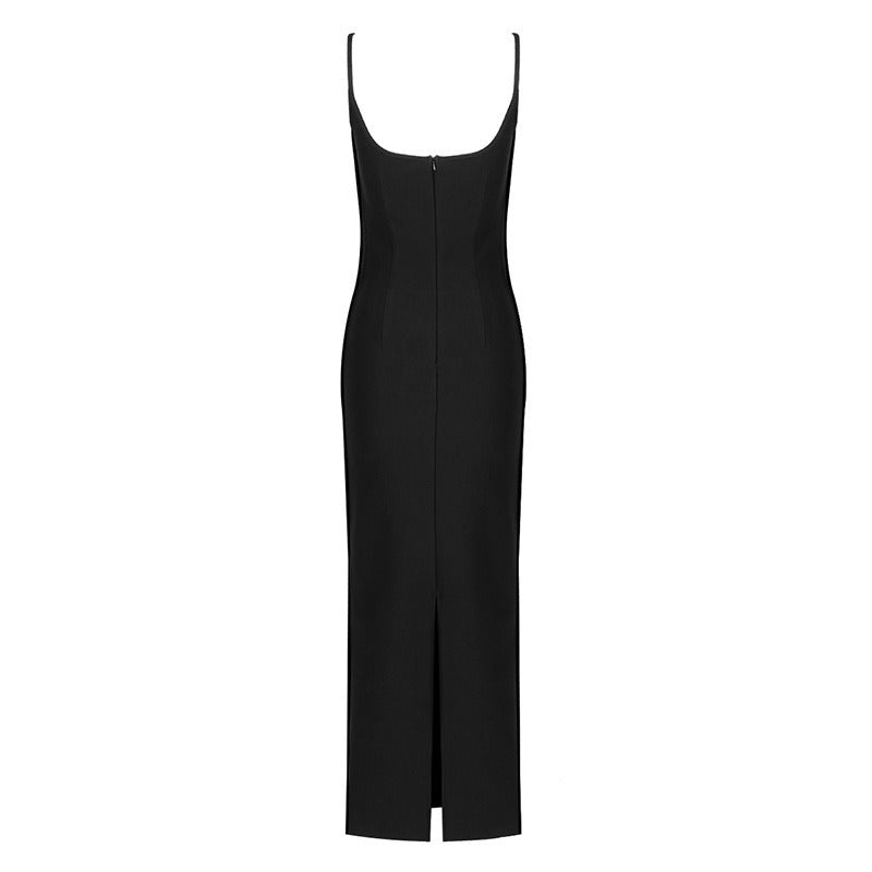 Long black backless sleeveless dress with sling bandage for women