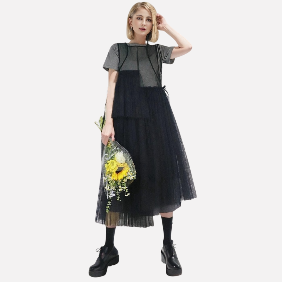 French Hepburn style vest mesh skirt new summer style small loose holiday irregular dress