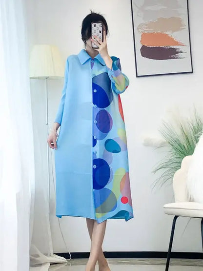 Pleated Single Breasted Dress Women Spring Summer New Korean Fashion Printed Cardigan Loose Plus Size Long Coats